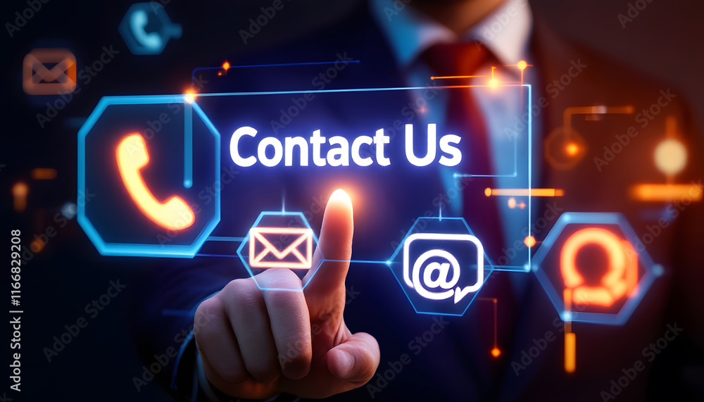Contact Us Concept, Hand Pointing at Digital Contact Interface, Customer Support and Communication, Reaching Out, Digital Contact Us Interface with Icons Contact Us Concept, Hand Pointing at Digital Contact Interface, Customer Support and Communication, Reaching Out, Digital Contact Us Interface with Icons