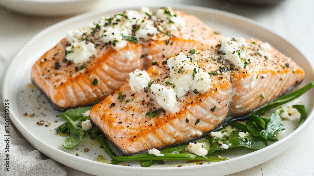 Crispy salmon fillets topped with creamy goat cheese and fresh herbs served on a light bed of greens in an elegant presentation Crispy salmon fillets topped with creamy goat cheese and fresh herbs served on a light bed of greens in an elegant presentation