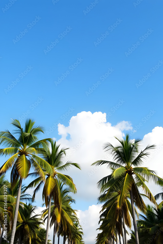 A beautiful view of tall palm trees against a bright blue sky with fluffy white clouds. The scene evokes a tropical paradise, perfect for relaxation and vacation vibes. A beautiful view of tall palm trees against a bright blue sky with fluffy white clouds. The scene evokes a tropical paradise, perfect for relaxation and vacation vibes.