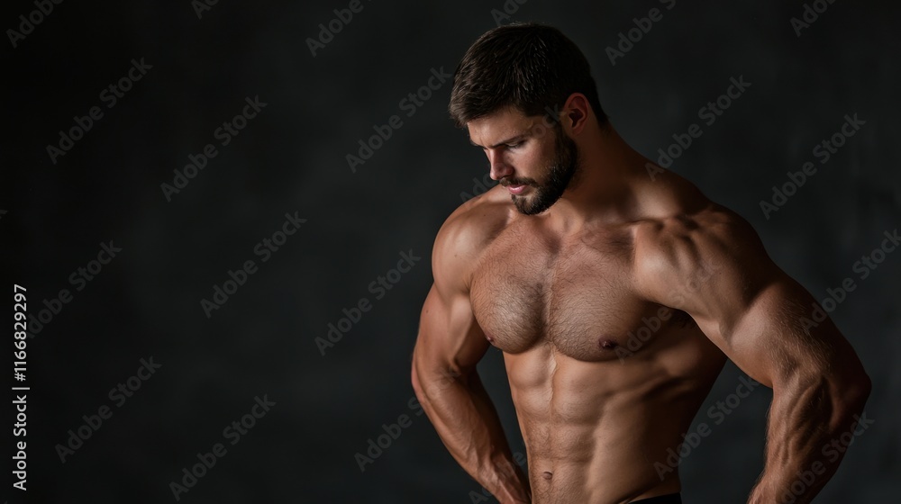 Fototapeta premium A man with a muscular body is standing in front of a dark background