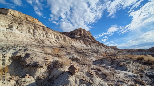 Cretaceous Era geological formation with dramatic mountain landscape against a vibrant sky showcasing unique sedimentary deposits.