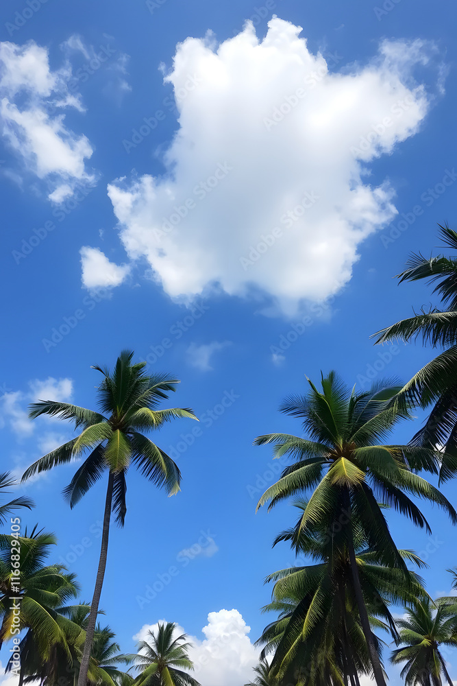 A beautiful view of tall palm trees against a bright blue sky with fluffy white clouds. The scene evokes a tropical paradise, perfect for relaxation and vacation vibes. A beautiful view of tall palm trees against a bright blue sky with fluffy white clouds. The scene evokes a tropical paradise, perfect for relaxation and vacation vibes.