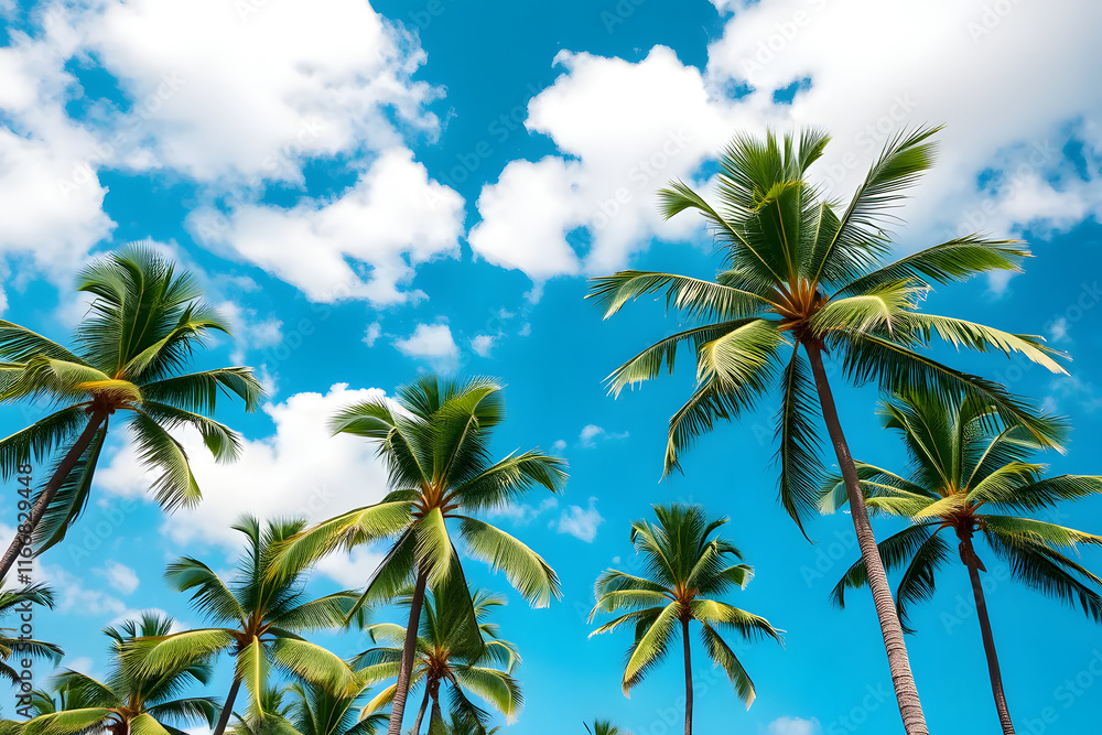 Obraz premium A beautiful view of tall palm trees against a bright blue sky with fluffy white clouds. The scene evokes a tropical paradise, perfect for relaxation and vacation vibes.