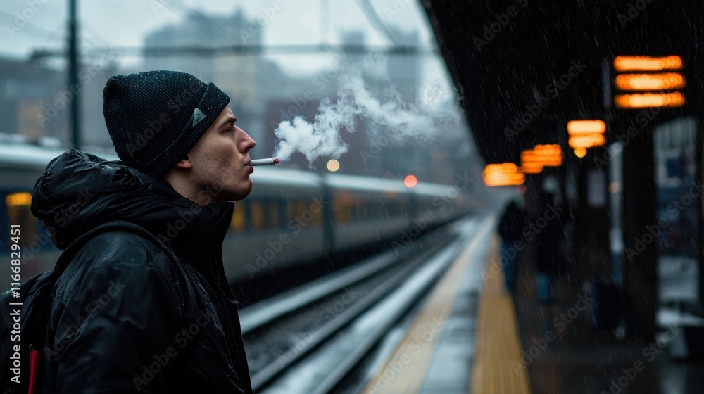 A man is smoking a cigarette while standing on a train platform A man is smoking a cigarette while standing on a train platform