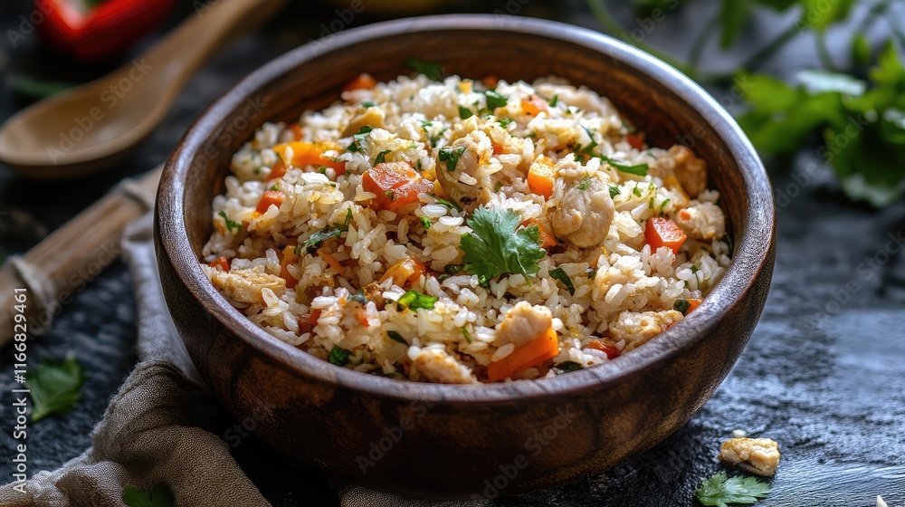Crispy spicy chicken fried rice garnished with fresh herbs in a wooden bowl surrounded by vegetables Crispy spicy chicken fried rice garnished with fresh herbs in a wooden bowl surrounded by vegetables