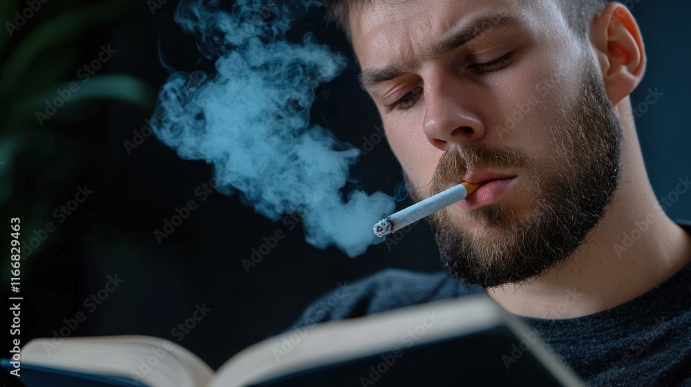 Fototapeta premium A man smokes a cigarette while reading a book