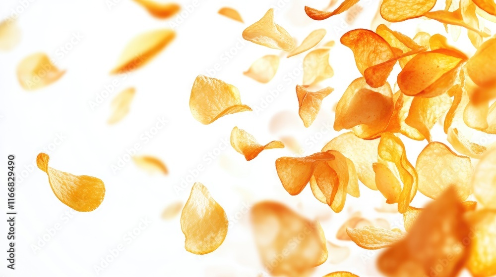 Fototapeta premium Crispy potato chips scattered on a white background showcasing a dynamic and appetizing snack experience