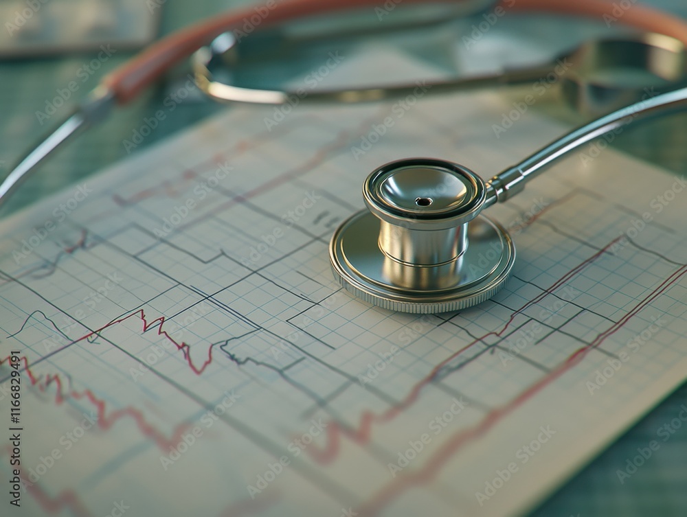 A close-up of a stethoscope resting on medical charts, symbolizing healthcare and diagnosis.