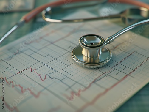 Obraz na płótnie A close-up of a stethoscope resting on medical charts, symbolizing healthcare and diagnosis. w salonie