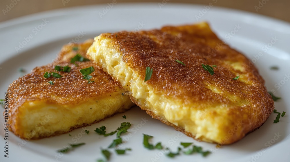 Crispy omelet served on a white plate garnished with fresh herbs showcasing delicious breakfast food presentation Crispy omelet served on a white plate garnished with fresh herbs showcasing delicious breakfast food presentation