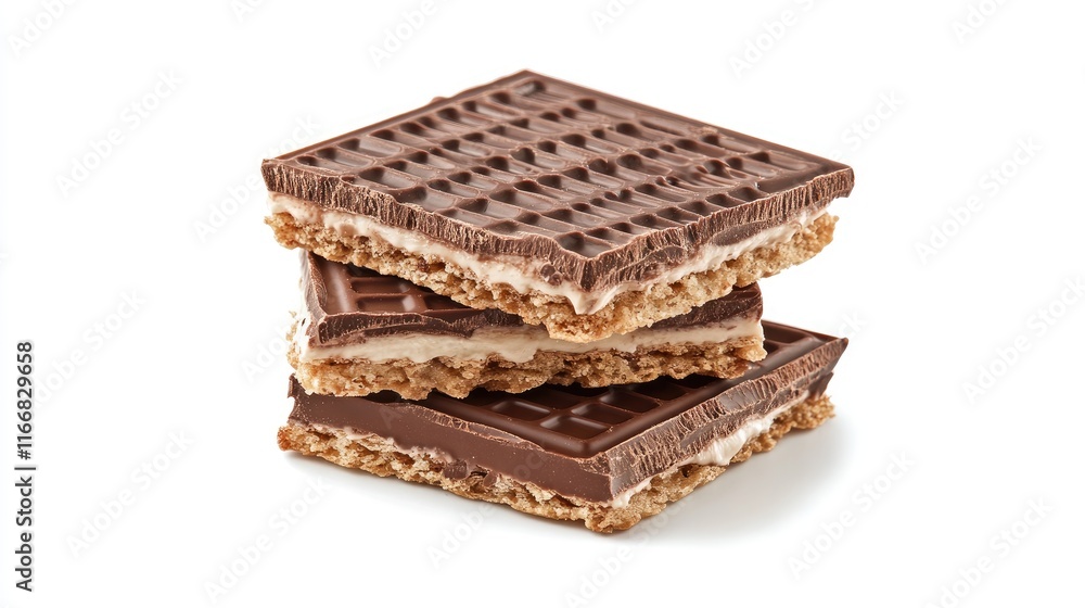 Chocolate cream filled crispy wafer stacks on a white background showcasing texture and indulgence in a delightful dessert presentation. Chocolate cream filled crispy wafer stacks on a white background showcasing texture and indulgence in a delightful dessert presentation.