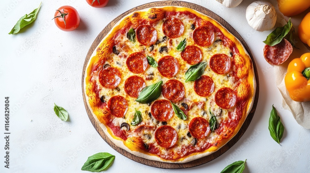 Savory pepperoni pizza topped with melted cheese and fresh basil on a rustic wooden board with vibrant vegetables surrounding it Savory pepperoni pizza topped with melted cheese and fresh basil on a rustic wooden board with vibrant vegetables surrounding it