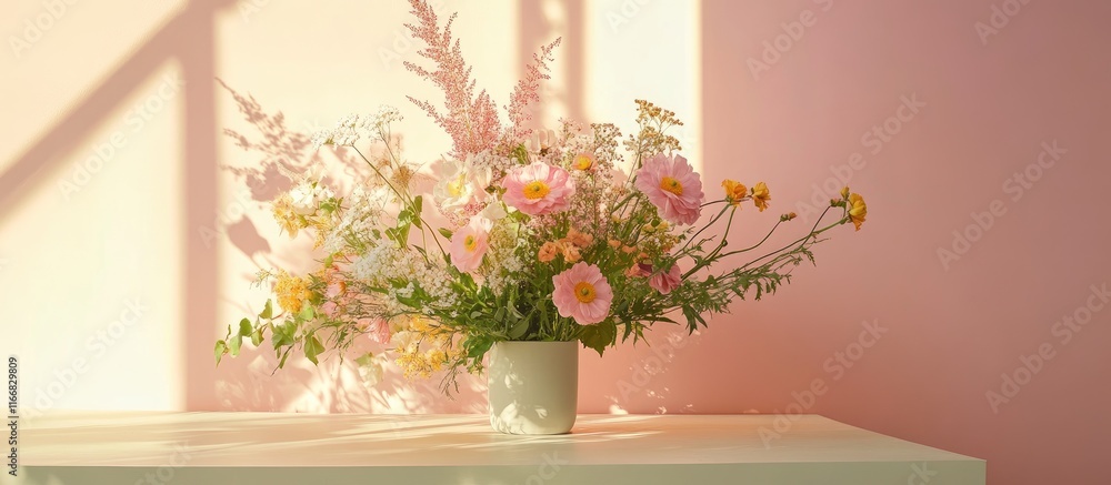 Elegant floral centerpiece adding beauty and freshness to modern office workspace decor Elegant floral centerpiece adding beauty and freshness to modern office workspace decor