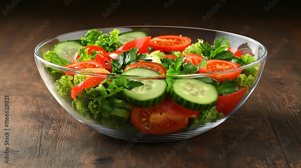 Fresh Vegetable Salad In Glass Bowl On Wood Fresh Vegetable Salad In Glass Bowl On Wood
