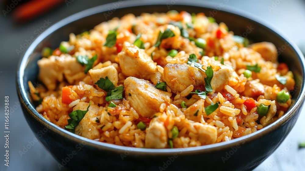 Crispy spicy chicken and fragrant rice dish garnished with fresh herbs in a rustic bowl setting Crispy spicy chicken and fragrant rice dish garnished with fresh herbs in a rustic bowl setting
