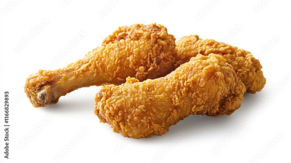Crispy golden fried chicken drumsticks arranged on a white background showcasing delicious texture and appetizing appearance. Crispy golden fried chicken drumsticks arranged on a white background showcasing delicious texture and appetizing appearance.