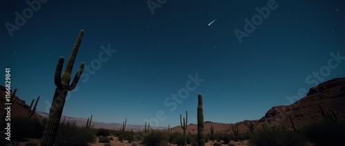 Starlit Desert Landscape Featuring Majestic Cacti Undernight Sky with Celestial Bodies photo