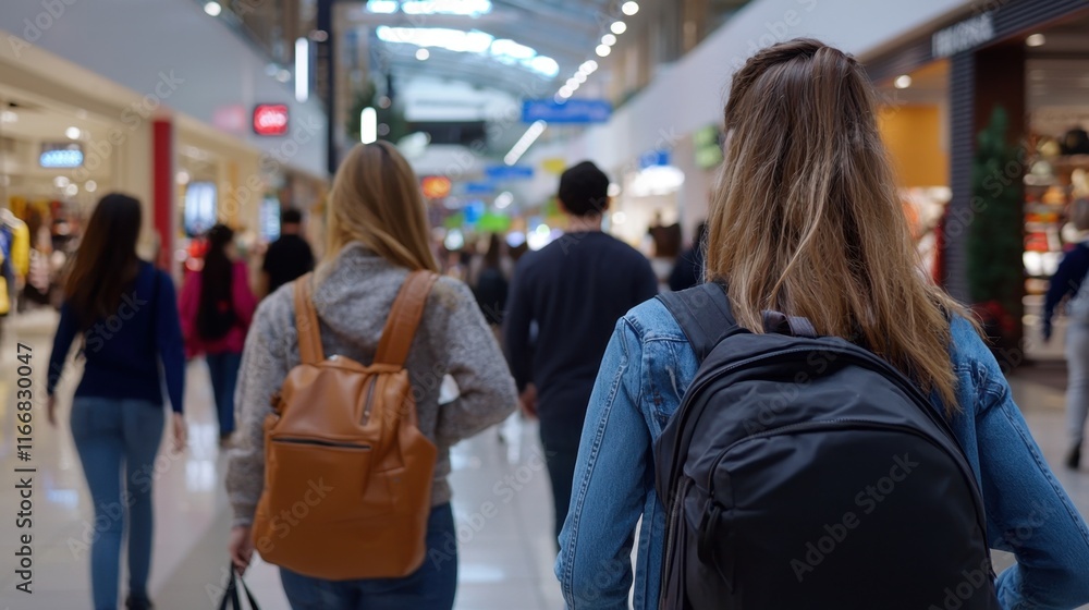 A group of people are walking through a mall, some of them carrying backpacks A group of people are walking through a mall, some of them carrying backpacks