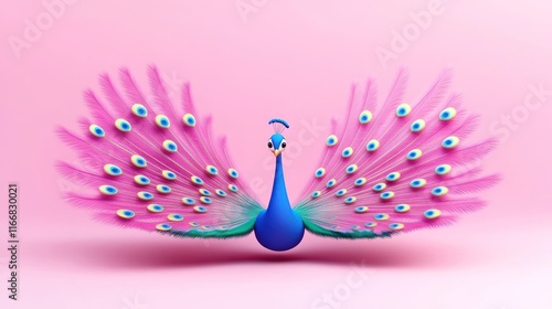 Colorful peacock displaying its vibrant feathers against a pink background.