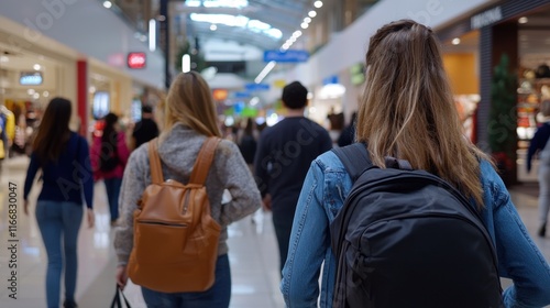 A group of people are walking through a mall, some of them carrying backpacks photo