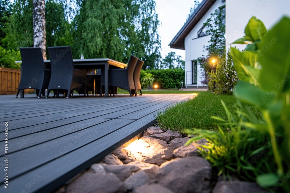 Fototapeta premium Modern Patio with Lighting and Greenery at Twilight, Featuring Dining Set and Lawn