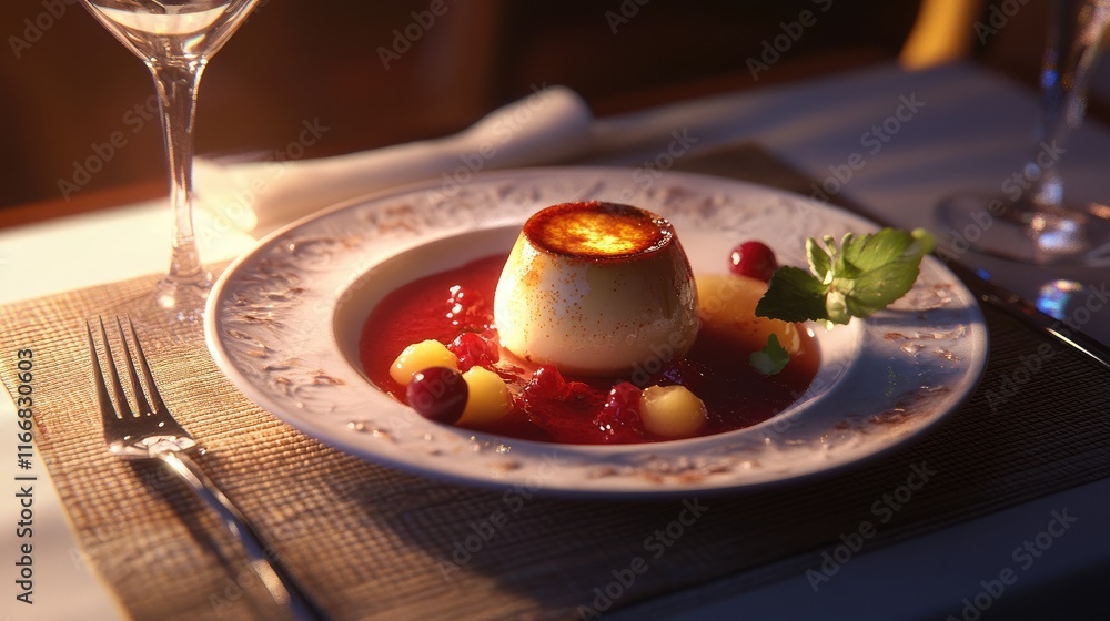 Elegant creme brulee dessert served in a compote with fruit garnishes on a stylish dining placemat set in a warm ambient setting Elegant creme brulee dessert served in a compote with fruit garnishes on a stylish dining placemat set in a warm ambient setting