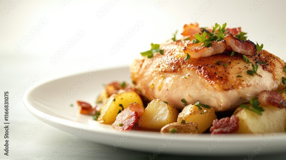 Savory roasted chicken with crispy bacon and golden potatoes on a white plate against a neutral backdrop ideal for culinary promotions. Savory roasted chicken with crispy bacon and golden potatoes on a white plate against a neutral backdrop ideal for culinary promotions.