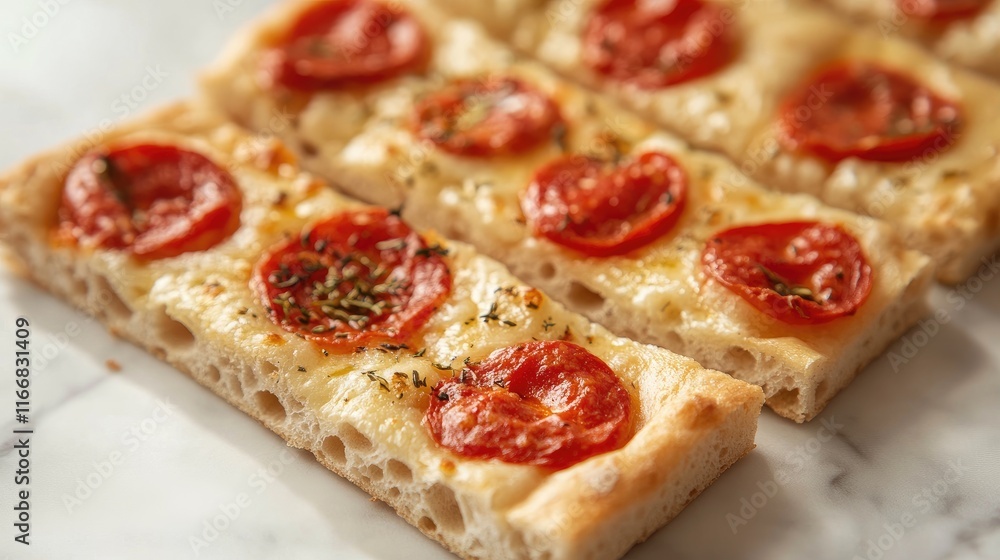 Crispy focaccia pizza slices topped with melted cheese and fresh tomato for a delicious appetizer or snack. Crispy focaccia pizza slices topped with melted cheese and fresh tomato for a delicious appetizer or snack.