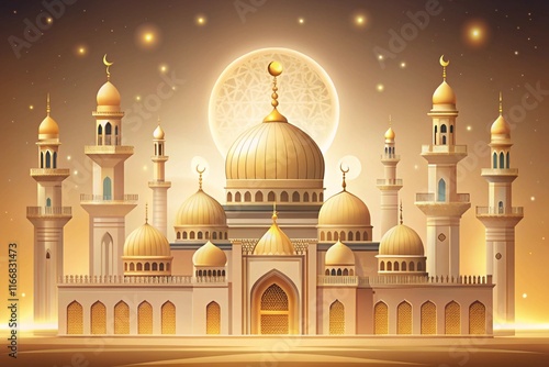 Golden domed mosque with crescent moons and warm glowing lights under a starry sky, great for Ramadan Background photo