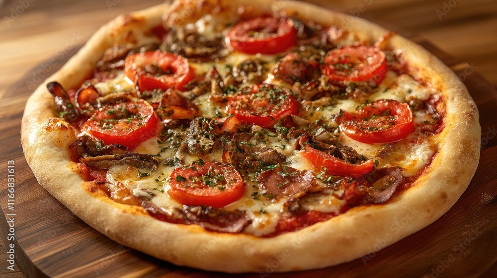 Freshly Baked Pizza with Tomato Slices on Olive Wood Table Ready to Serve Freshly Baked Pizza with Tomato Slices on Olive Wood Table Ready to Serve