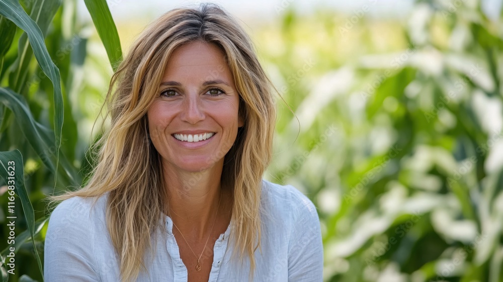 Smiling Woman Surrounded by Green Cornfield Under Bright Sunny Sky in Summer Bliss Smiling Woman Surrounded by Green Cornfield Under Bright Sunny Sky in Summer Bliss