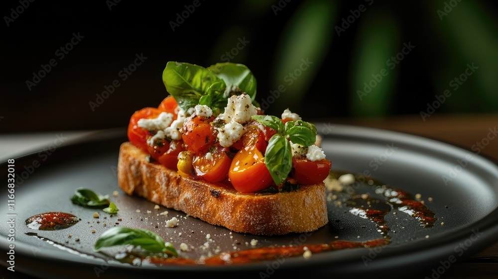 Crispy bruschetta topped with cherry tomatoes feta cheese and fresh basil on a dark plate with selective focus for elegant dining presentation Crispy bruschetta topped with cherry tomatoes feta cheese and fresh basil on a dark plate with selective focus for elegant dining presentation