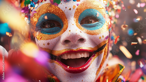  carnival face, featuring vibrant makeup, face paint, and bold decorations, capturing the festive spirit of a carnival celebration. photo