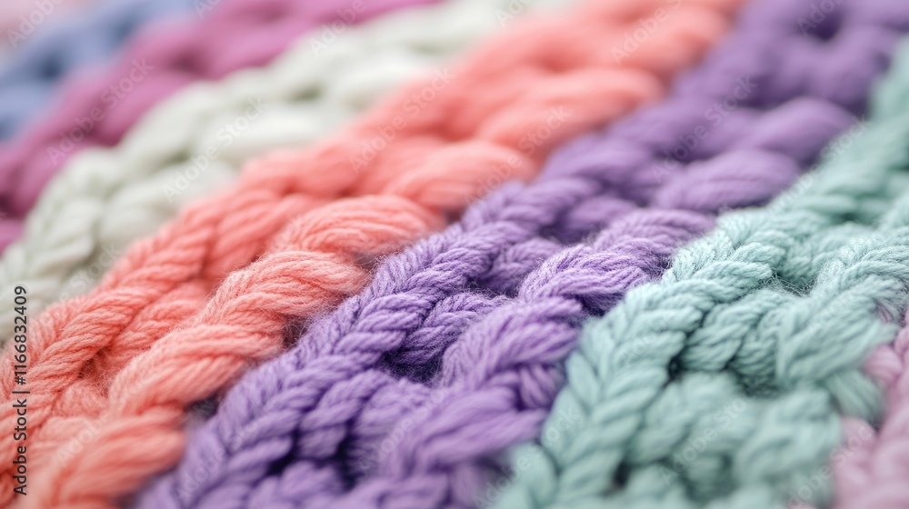 Colorful knitted texture close up showcasing intricate fabric patterns in pastel shades of pink, purple, and mint green for textile backgrounds. Colorful knitted texture close up showcasing intricate fabric patterns in pastel shades of pink, purple, and mint green for textile backgrounds.