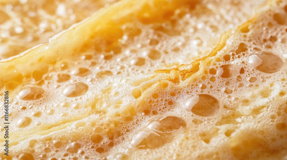 Closeup of golden brown crepe texture on a frying pan showcasing bubbles and delicate layers of a thin pancake ready for serving Closeup of golden brown crepe texture on a frying pan showcasing bubbles and delicate layers of a thin pancake ready for serving