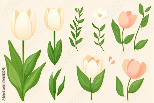 Wallpaper Mural Elegant Floral Illustrations Featuring Various Tulips and Leaves on Light Background Torontodigital.ca