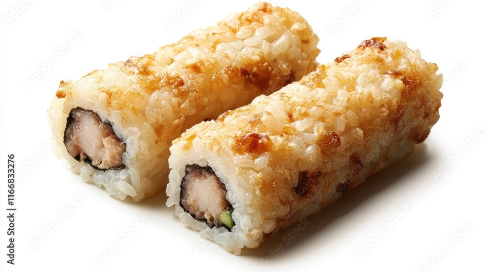 Crispy rice roll featuring tuna and wasabi served on a white plate for an appetizing sushi presentation Crispy rice roll featuring tuna and wasabi served on a white plate for an appetizing sushi presentation