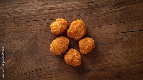 Crispy golden chicken nuggets arranged on rustic wooden background showcasing appetizing texture and appealing presentation photo