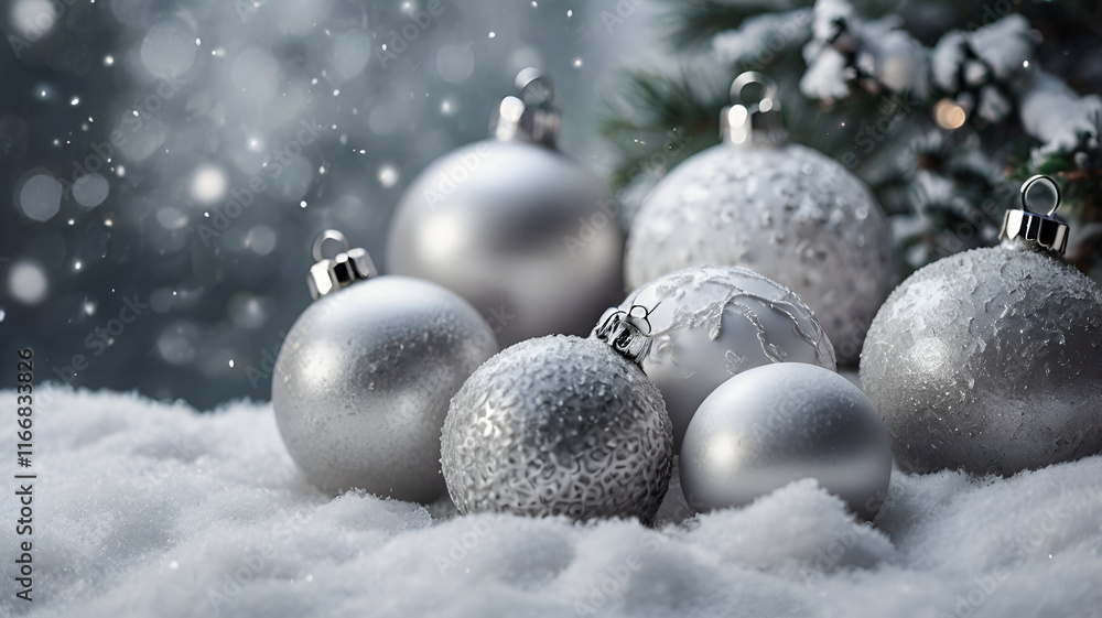 Festive New Year's decorations resting on a blanket of glistening snow, creating a magical and wintry holiday atmosphere Festive New Year's decorations resting on a blanket of glistening snow, creating a magical and wintry holiday atmosphere