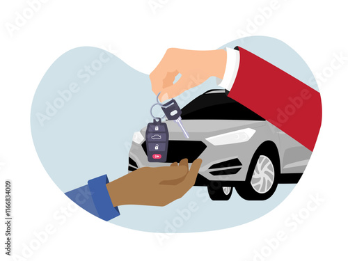 buying renting parking car carsharing service vector illustration hand agent salesman owner holding automatic remote auto key customer sale purchase deal automobile clipart