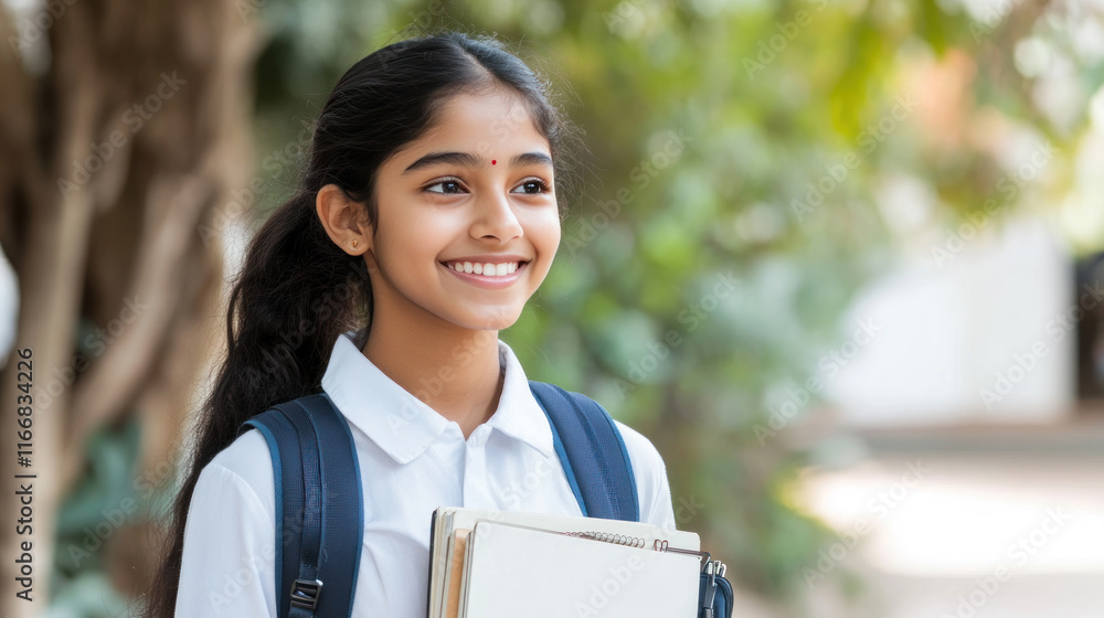 Indian teenage student girl holding textbook go to school library Indian teenage student girl holding textbook go to school library