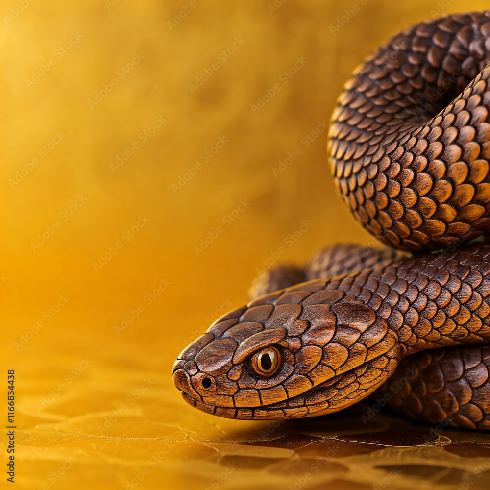 Obraz premium Close up wood snake zodiac sign figure on a gold background, copy space, with oriental Chinese ornaments, Chinese New Year 2025 concept, Year of the Wooden Snake