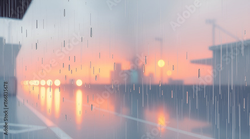  wet rainy scene gentle soothing aesthetic drizzling rain reflective surfaces tangerine orange to sunset pink gradient romantic scene for couple  photo