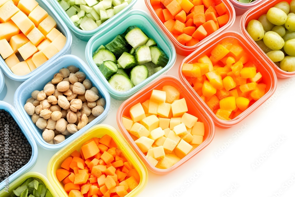 Colorful Arrangement of Freshly Cut Vegetables and Fruits in Individual Containers for Healthy Eating and Meal Preparation on a Bright Background Colorful Arrangement of Freshly Cut Vegetables and Fruits in Individual Containers for Healthy Eating and Meal Preparation on a Bright Background