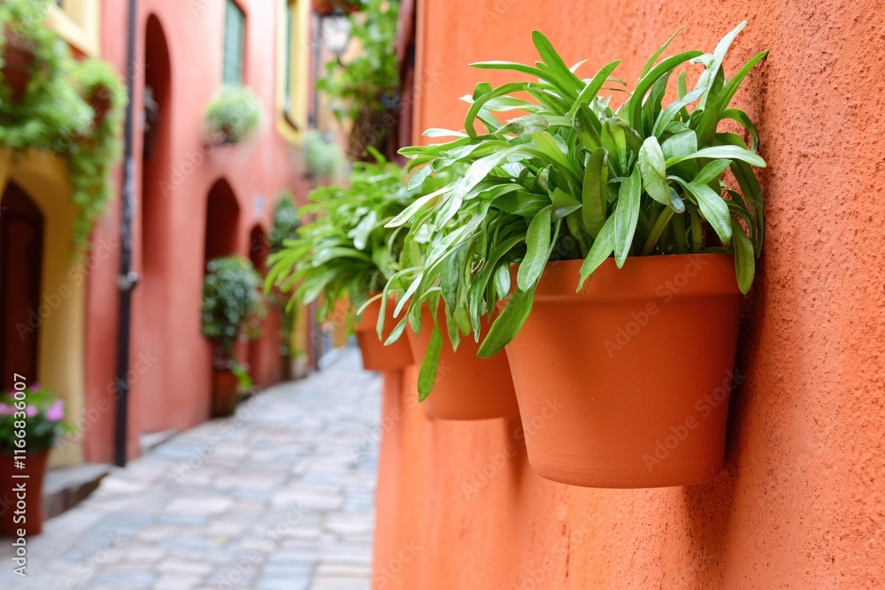 Naklejka premium Charming Alleyway with Colorful Flower Pots in a Quaint European Village Setting