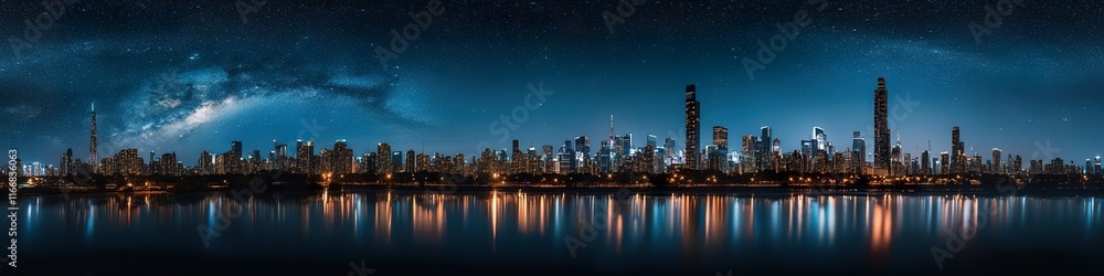 Fototapeta premium A panoramic city skyline at night, with shimmering lights reflecting off the water and tall skyscrapers rising into the starry sky.