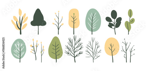 Set of tree and leaf collection hand drawn flat design vector element. botanical set of bare trees and ones with leaves and lush green