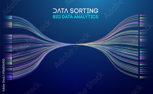 Abstract big data flow with colorful lines on a dark blue gradient background. Emphasizes big data sorting and analytics processes.