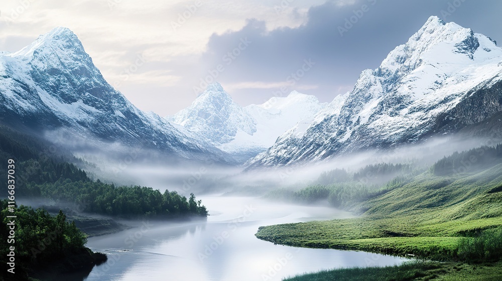 A calm, misty mountain landscape with snow-covered peaks, a tranquil river winding through the valley below. A calm, misty mountain landscape with snow-covered peaks, a tranquil river winding through the valley below.