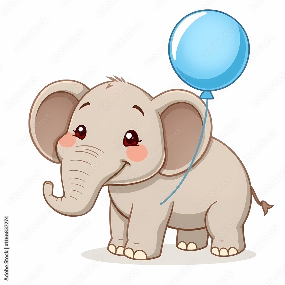 Fototapeta premium Cute Elephant Balloon: An adorable cartoon elephant with big ears and a sweet smile holds a bright blue balloon. This illustration is perfect for children's books, birthday cards.